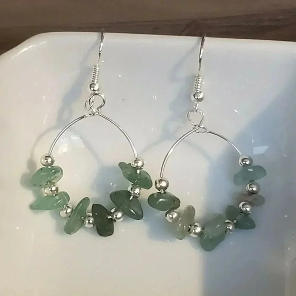 Handcrafted Baroque Green Agate Gemstone Sterling Silver Plated Beads Earrings - Picture 3 of 8